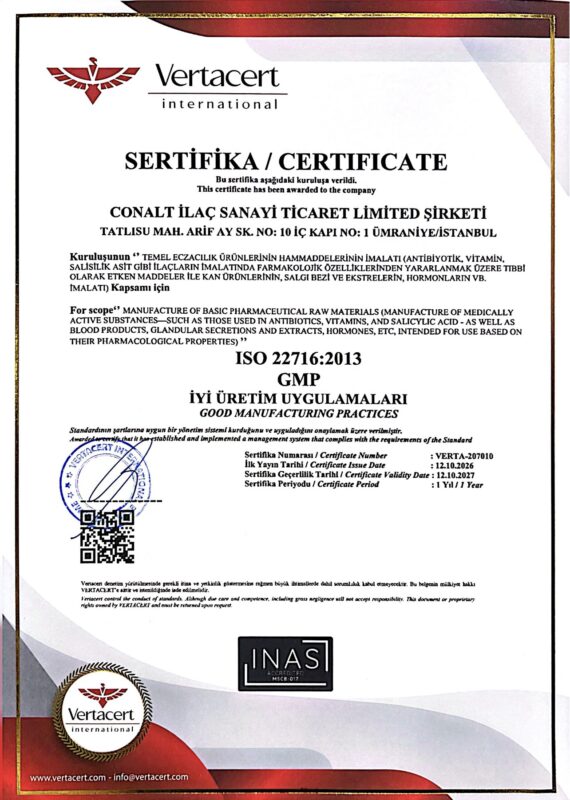 CONALT - GMP - ISO 22716 - 2026 Sertifikası